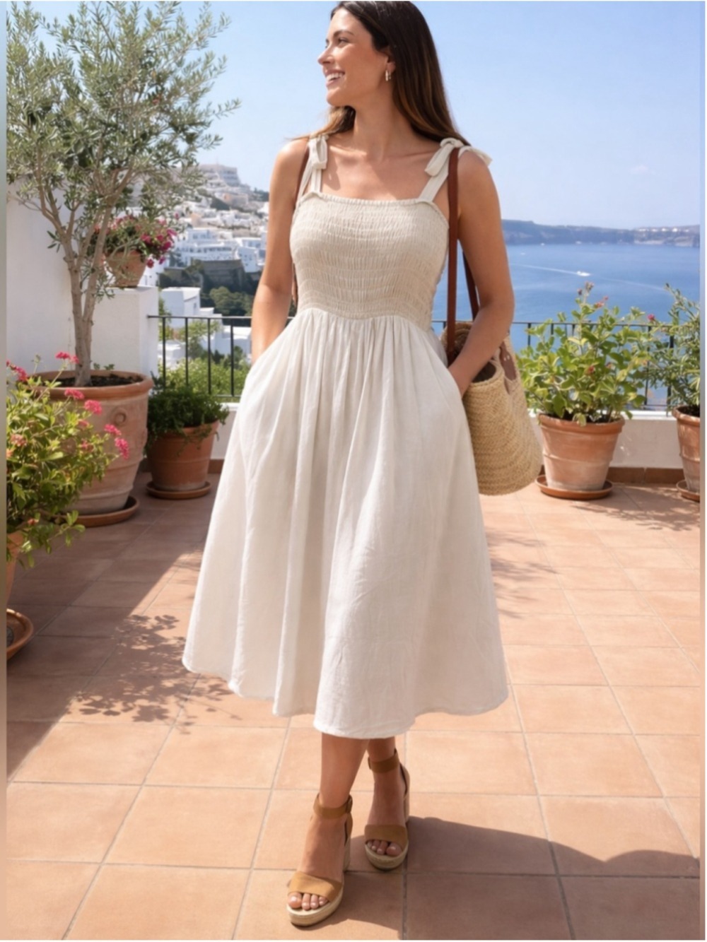 Kourt Drew Anthropologie Smocked Prairie Cottagecore Dress Midi Cream/White Sz S